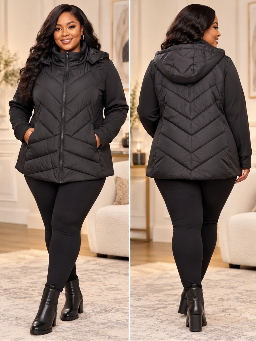 Ashley Stewart Black Quilted Hooded Puffer Jacket, Size 22/24